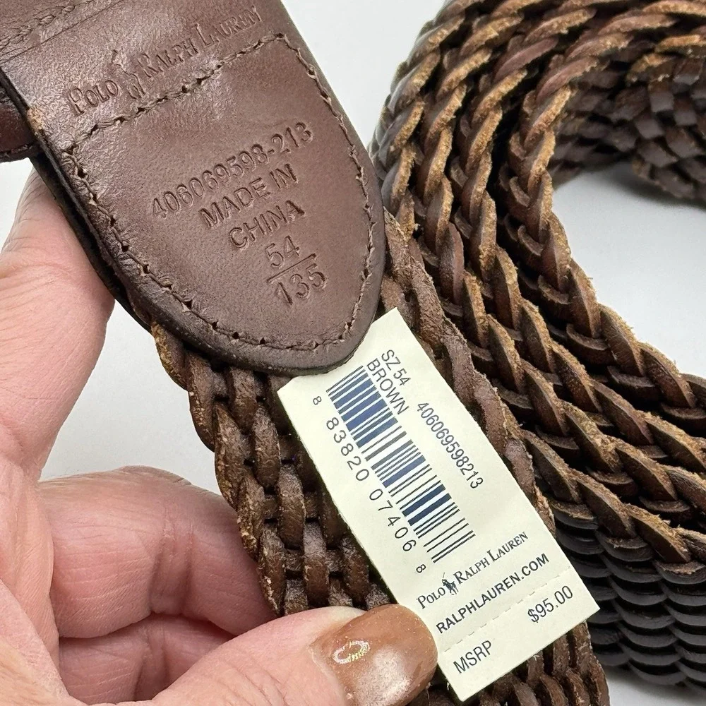 Polo Ralph Lauren Braided Woven Leather Belt Brown Size 54 MSRP $95 Vachetta